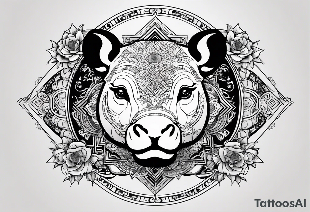 Very asymmetrical, +geometric pattern, with realistic full moon, with hippo, +zen feel, + Buddhism touch, +tribal, +geometric, +inkart 
with wintersweet flower bud, +portrait orientation, +inkart touch, tattoo idea