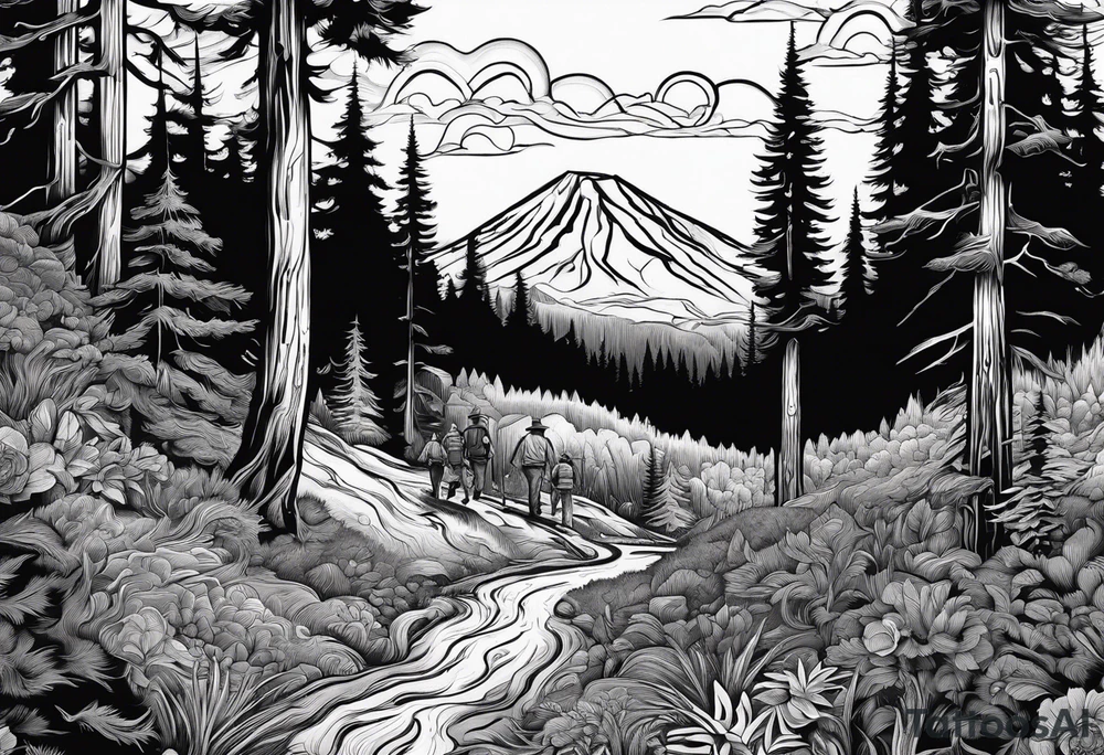 A family of four walking through the Pacific Northwest Forrest. Mexican art. Trust in God tattoo idea