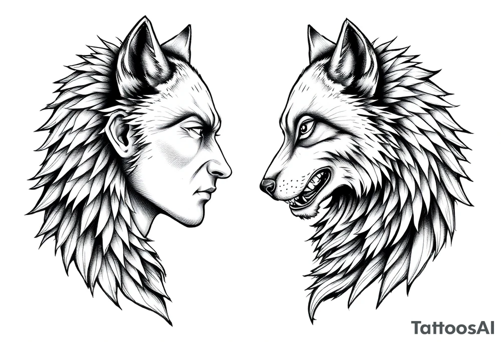 Male and female human facing each other both transforming into wolves tattoo idea