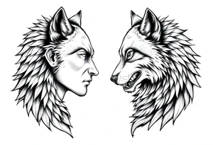 Male and female human facing each other both transforming into wolves tattoo idea