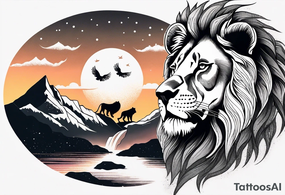 Tattoo in the shape of a lion head with a father and son in the mountains with  a waterfall and cross in the background and a sunset inside of it tattoo idea