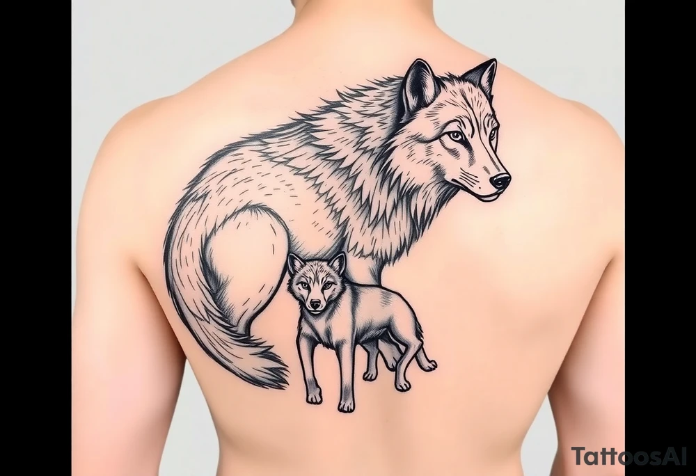 A solitary yet sublime and noble wolf and its progeny. tattoo idea
