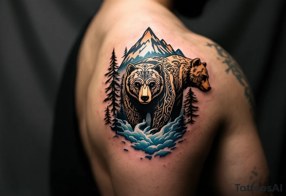 A powerful, majestic bear tattoo with a deep black and brown color palette. The bear is depicted in a standing position, symbolizing strength and protection, with intricate tribal patterns subtly etched along its body, representing its spiritual connection to the earth. TAround the bear, mountain peaks and pine trees form a natural, serene backdrop, while delicate blue mist rises from the ground, tattoo idea