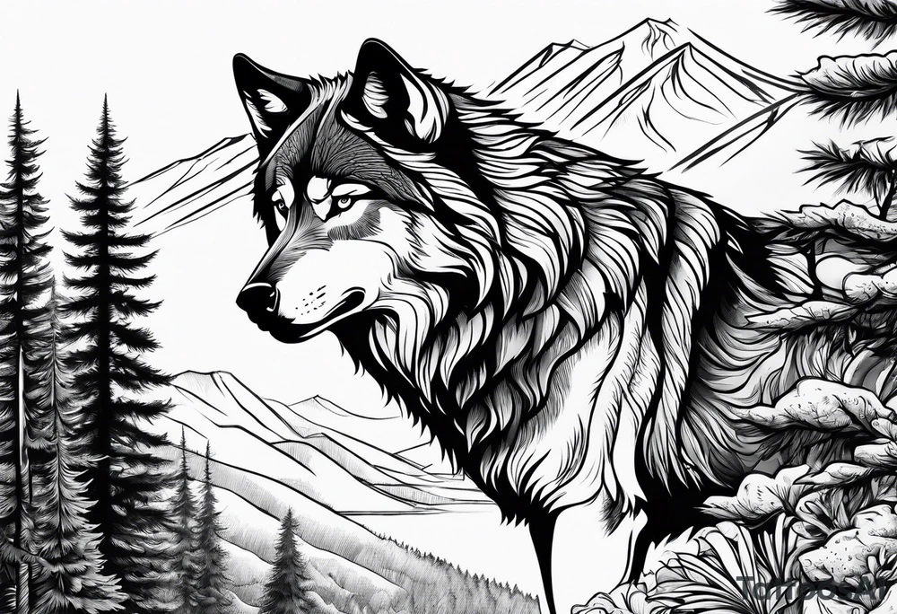 Wolf with landscape tattoo idea