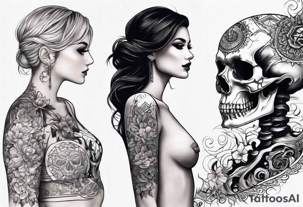 ONLY ON Half body tattoo's left side of body fully tattooed non of right half of body. Start with having the tattoo outline the human skeleton and implement elements such as fire lighting water. FINE LINES tattoo idea
