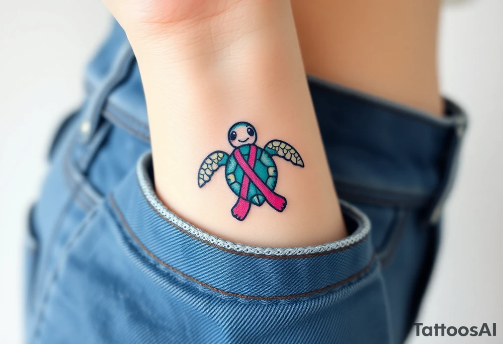 I am here pink ribbon sea turtle theme tattoo idea