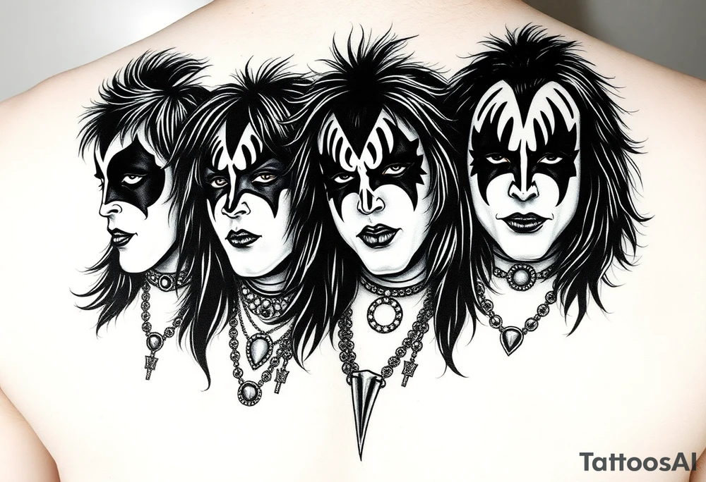 Create art for a sleeve tattoo. All four members of KISS but in the style of Pushead tattoo idea