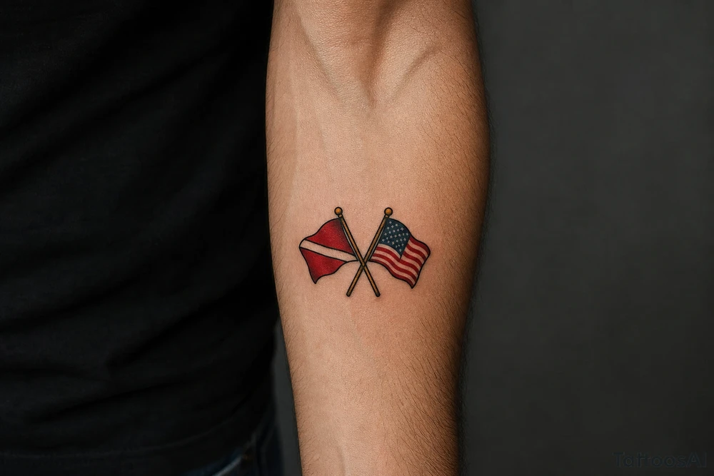 crossed flags (dive and american) tattoo idea
