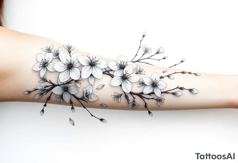 delicate cherry blossoms swirling in spring breeze with petals tattoo idea
