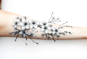 delicate cherry blossoms swirling in spring breeze with petals tattoo idea