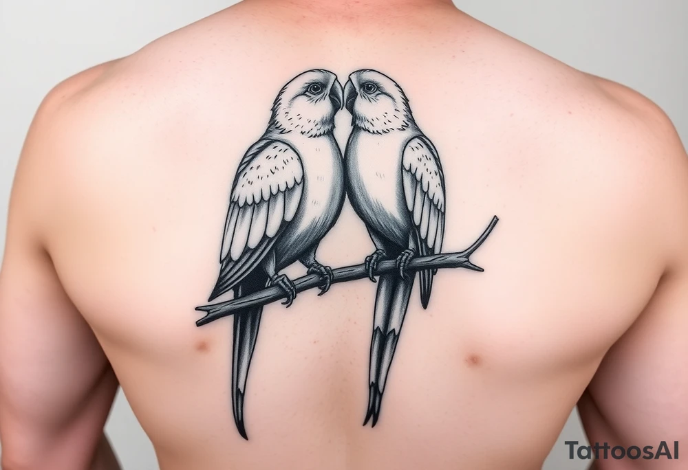 I want a tattoo with two parrots sitting on a tree. They kiss each other. tattoo idea