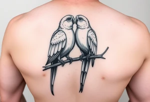 I want a tattoo with two parrots sitting on a tree. They kiss each other. tattoo idea