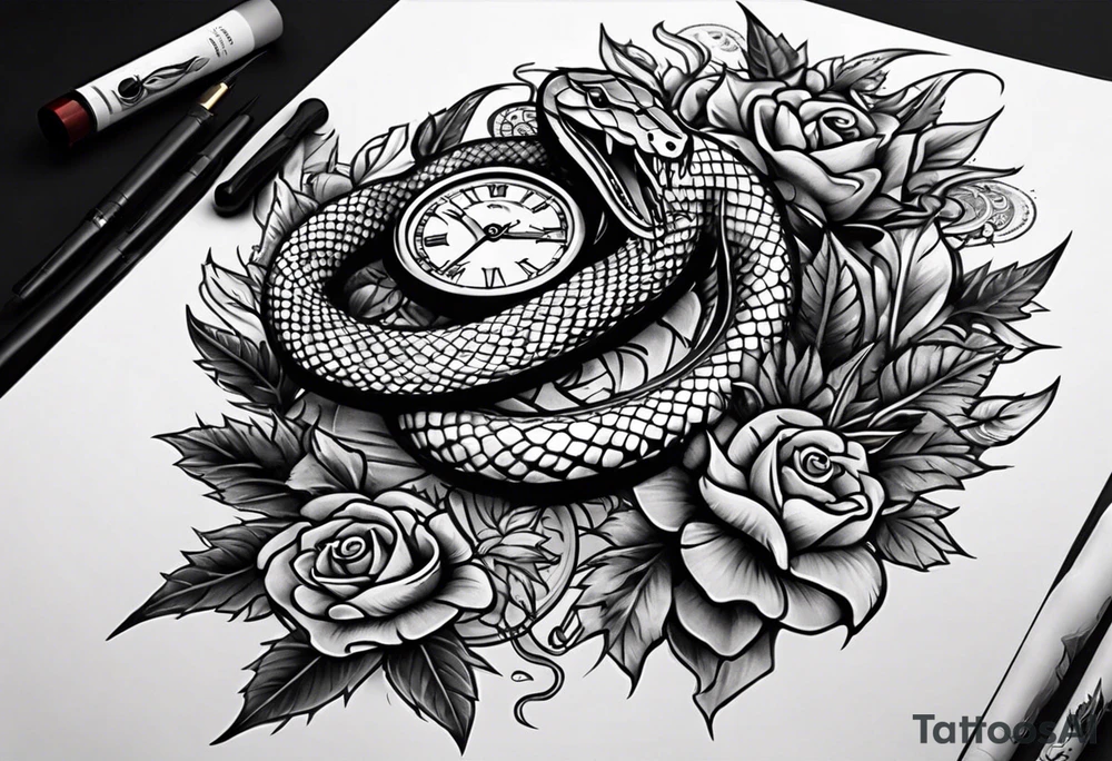 sleeve tattoo with a snake, gun, weed symbol and a medallion tattoo idea
