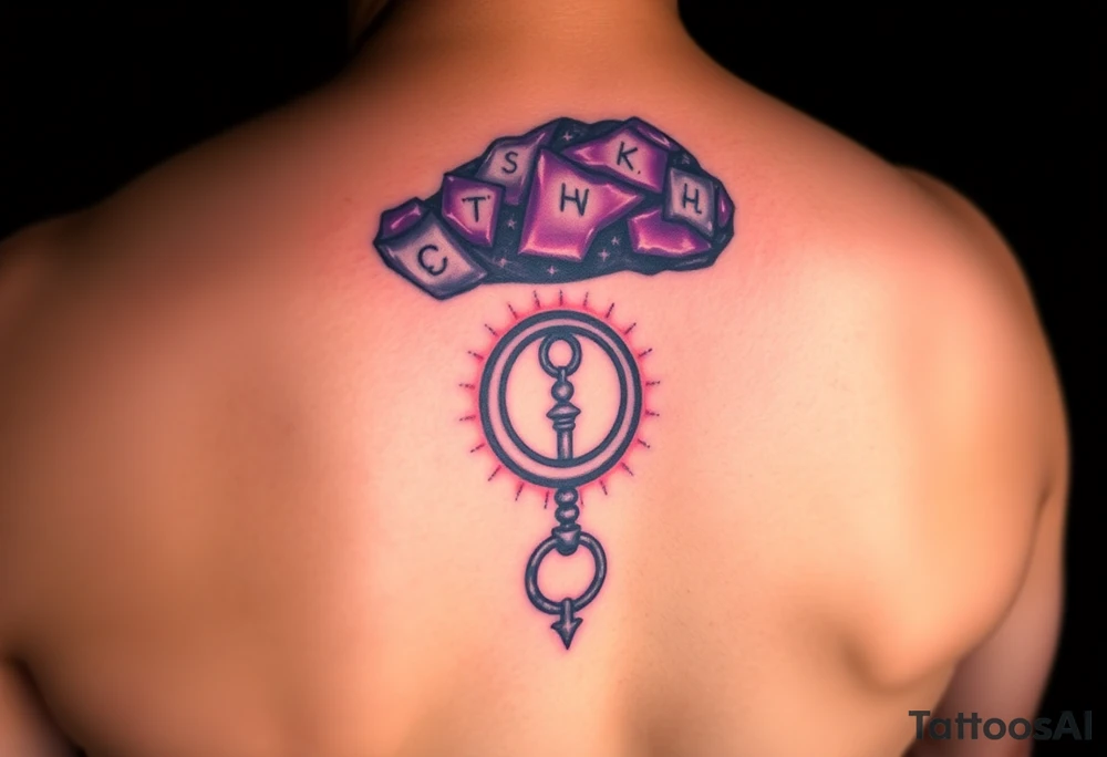A deep purple crystal lock with glowing runes, and a crescent moon-shaped key radiating a mystical aura tattoo idea