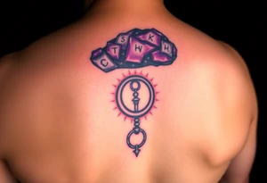 A deep purple crystal lock with glowing runes, and a crescent moon-shaped key radiating a mystical aura tattoo idea