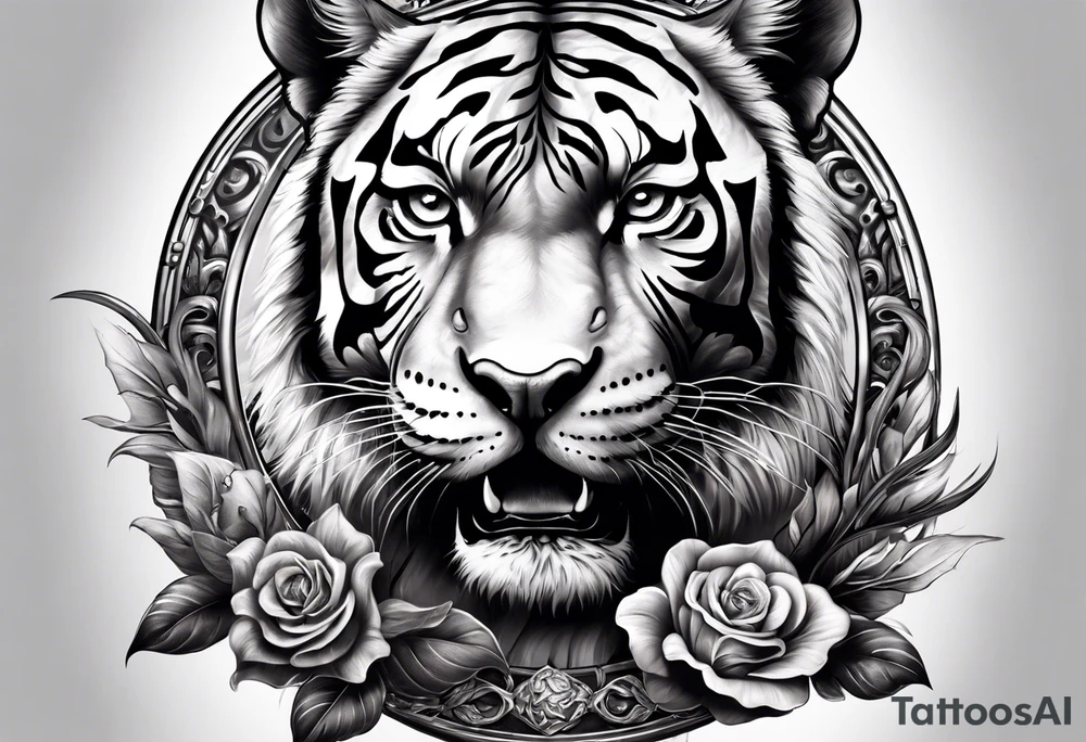 King tiger on top of Hour glass with Brain and heart inside
Full detailed sleeve tattoo idea