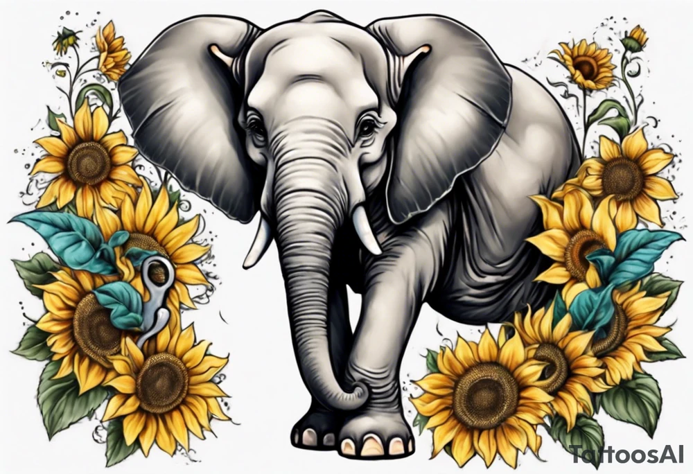 Sitting young elephant with Raised trunk and sunflowers tattoo idea