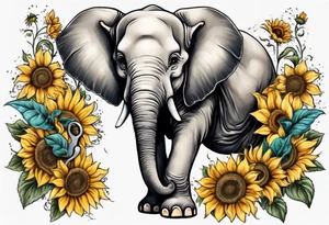Sitting young elephant with Raised trunk and sunflowers tattoo idea