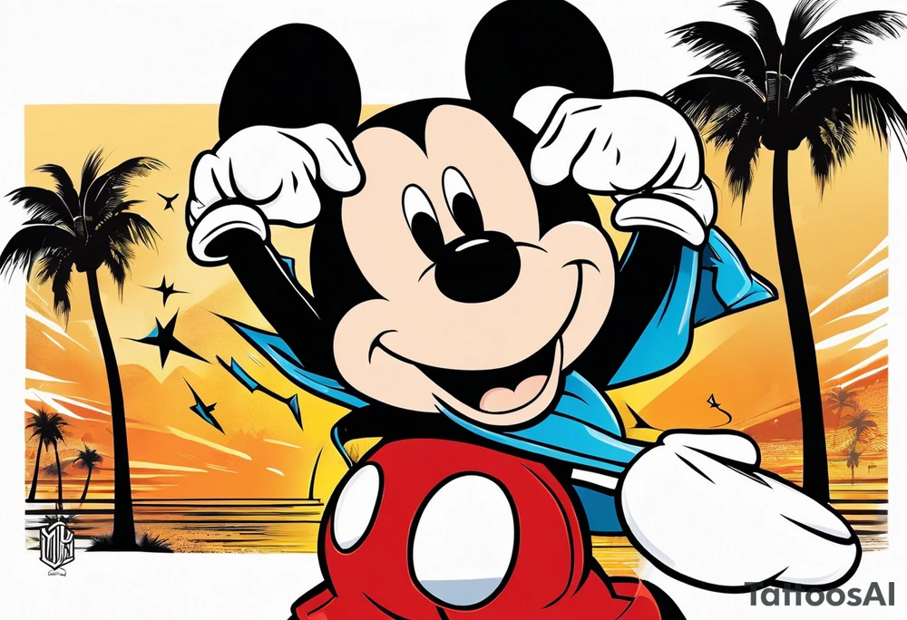 mickey mouse holding lightning with palm trees doing martial arts at the disney castle tattoo idea