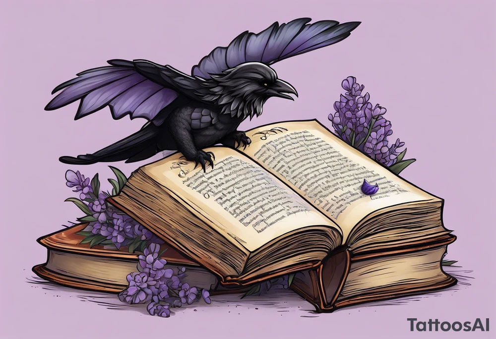 an open book. Above the book, a small dragon, flies in the air. To the right, a pawn chess piece.  On the left corner of the book, a little raven perches, feathers ruffled. Below the book, a cluster of lavender flowers, with a bumblebee tattoo idea