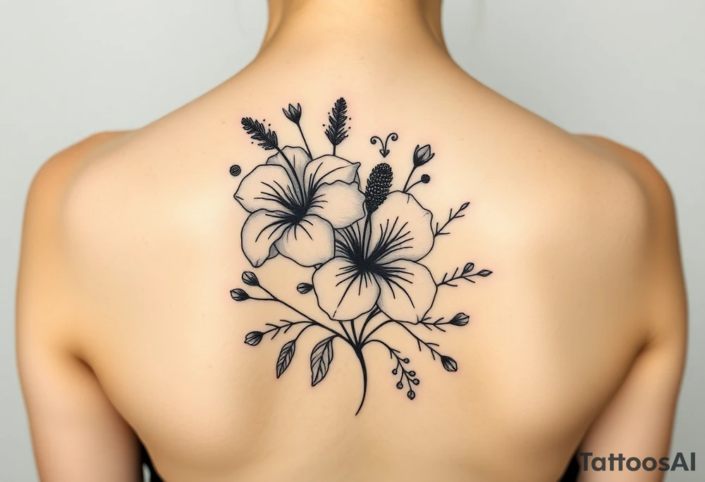 vintage bouquet of wild hibiscus
 and meadow flowers with morning dew tattoo idea
