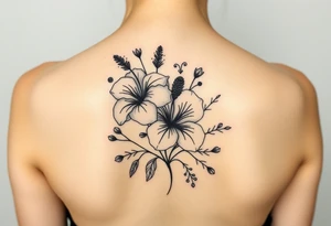 vintage bouquet of wild hibiscus
 and meadow flowers with morning dew tattoo idea
