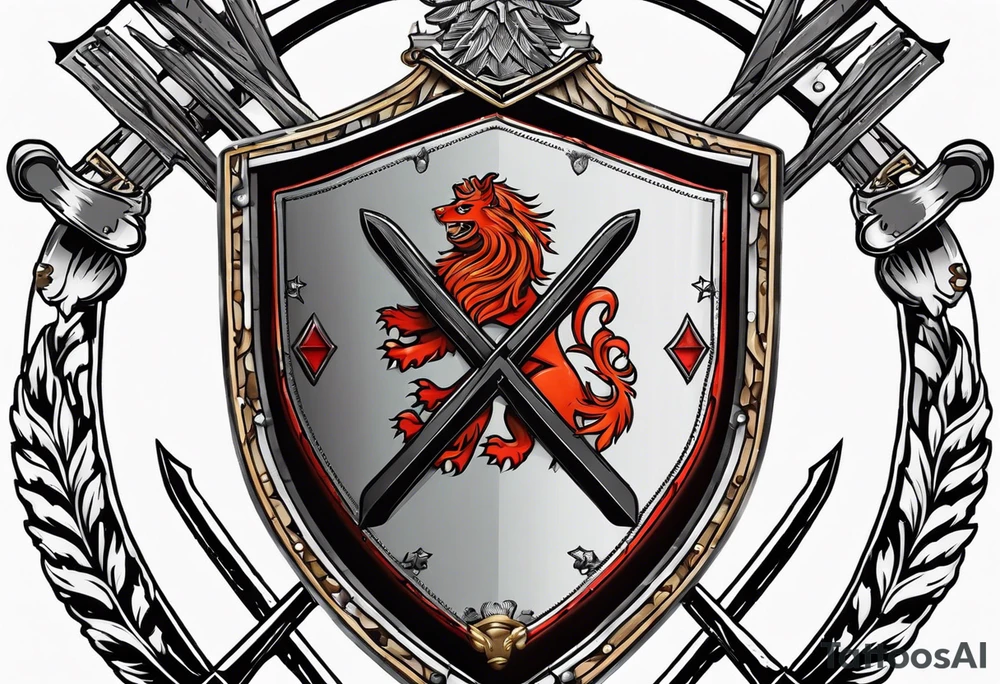 Swanson coat of arms on a shield with crossed skis behind the shield. tattoo idea