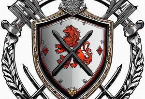 Swanson coat of arms on a shield with crossed skis behind the shield. tattoo idea