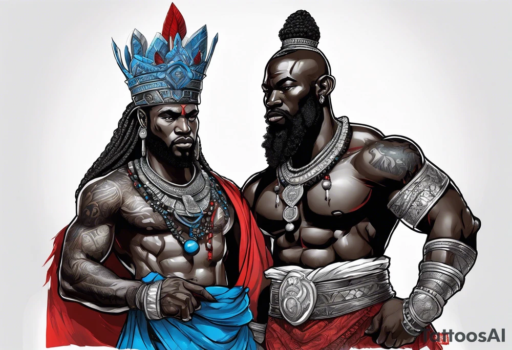 Black-skinned african god of war with a small silver crown, no armor, and two ball necklaces: one blue, other red tattoo idea