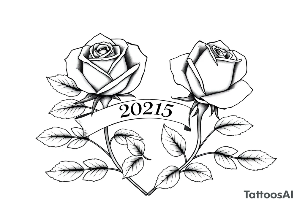 two beautiful large rose buds, one larger than the other, with many leaves next to the rose buds, with one sitting higher than the other. Include a banner connecting the two roses with "2025" on it.   Use dark outlines with little shading. The two stems should be short, not long, and connect and join into one stem, whimsically curved or twisted - not straight down. tattoo idea