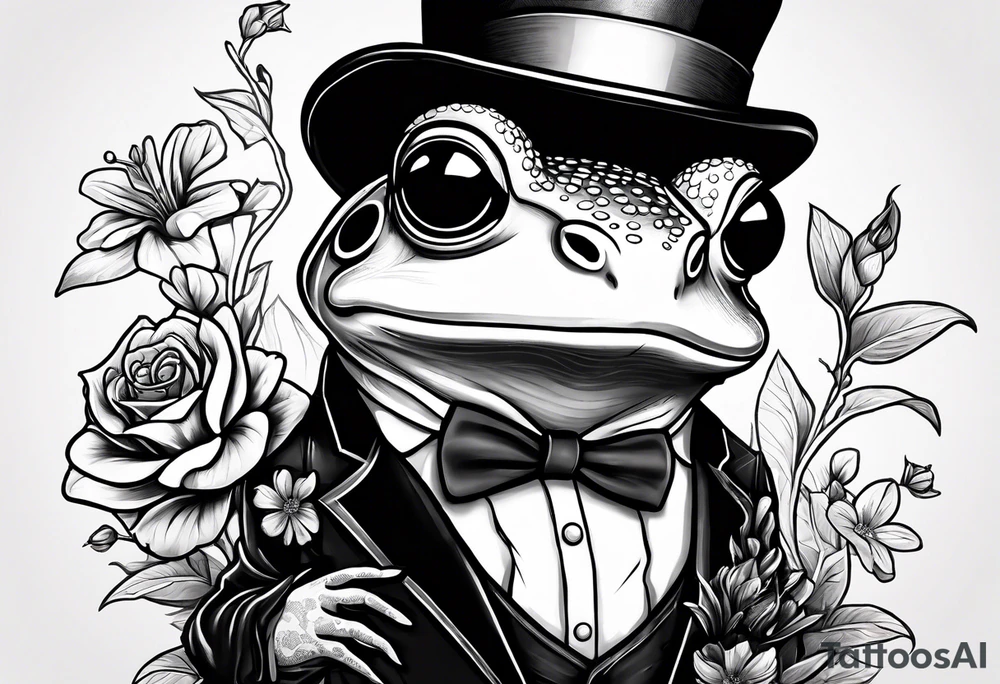 Cute Frog wearing top hat and a suit standing on its Back legs while holding flowers tattoo idea