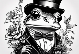 Cute Frog wearing top hat and a suit standing on its Back legs while holding flowers tattoo idea