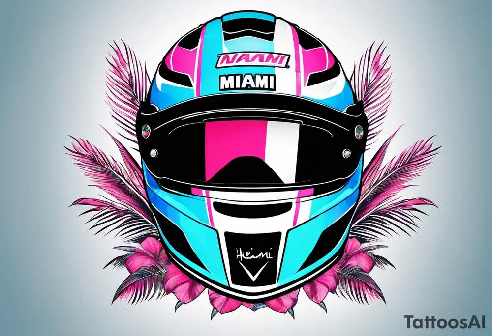Formula 1 helment with the Miami name a palm tree and light blue black and pink colors 3/4 view tattoo idea