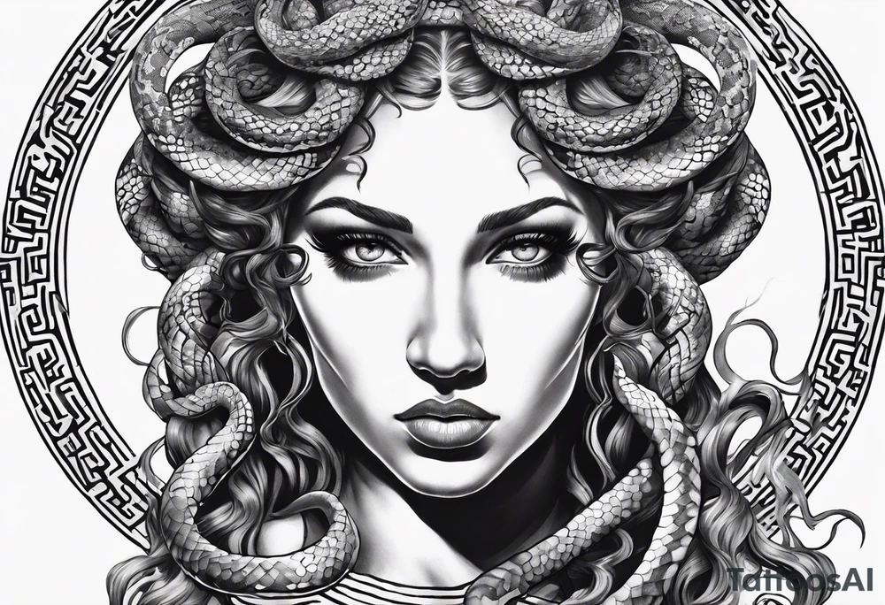 Realistic Medusa with Snake Eyes, hands on her cheek looking scared with a greek background tattoo idea