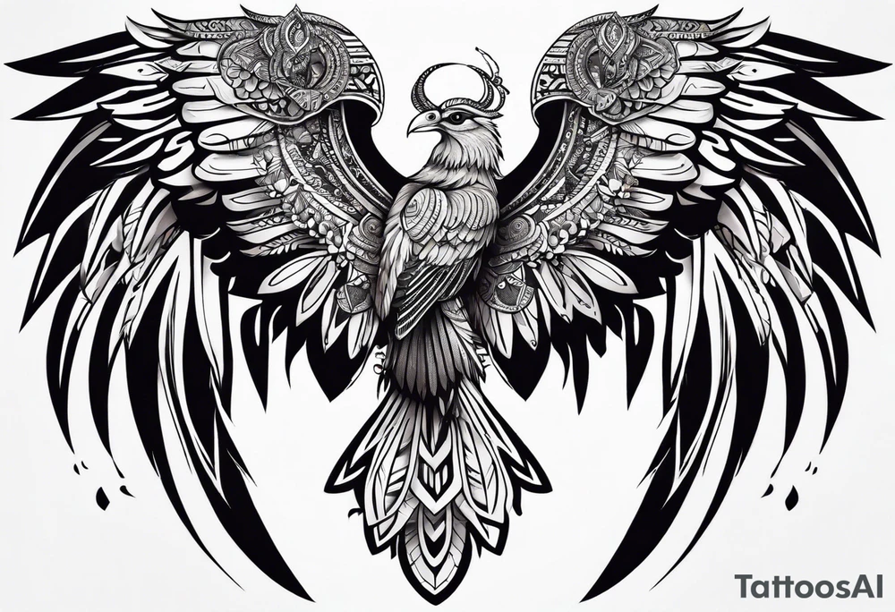 wings sleeve with filigree and african tribal patterns tattoo idea