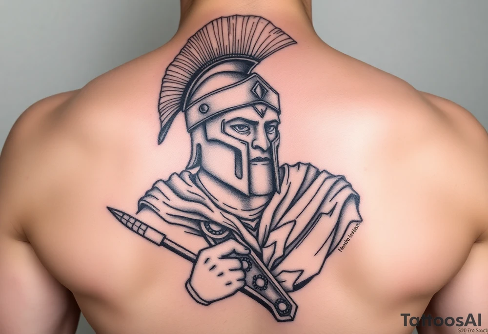 Spartan soldier, stoic face, holding a spear and shield, realism style. tattoo idea