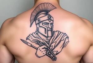 Spartan soldier, stoic face, holding a spear and shield, realism style. tattoo idea
