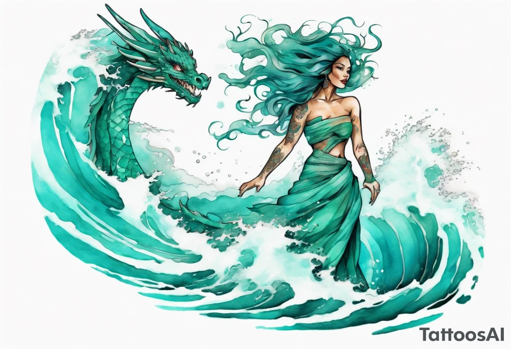 a beautiful turquoise dragon woman emerging from an ocean wave, crashing onto the shore tattoo idea