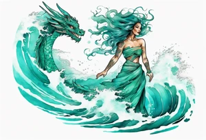 a beautiful turquoise dragon woman emerging from an ocean wave, crashing onto the shore tattoo idea