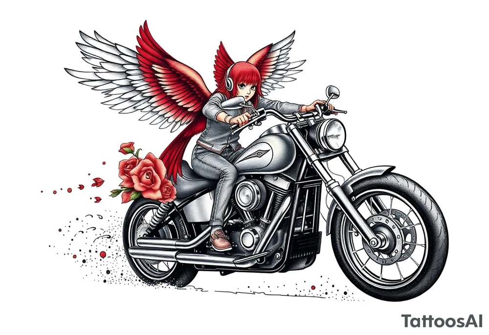 Harley grey motorcycle driving away, two red birds flying, roses, flames, angel wings tattoo idea