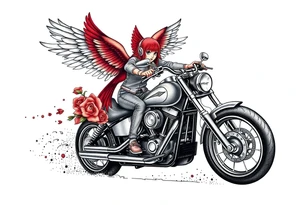 Harley grey motorcycle driving away, two red birds flying, roses, flames, angel wings tattoo idea