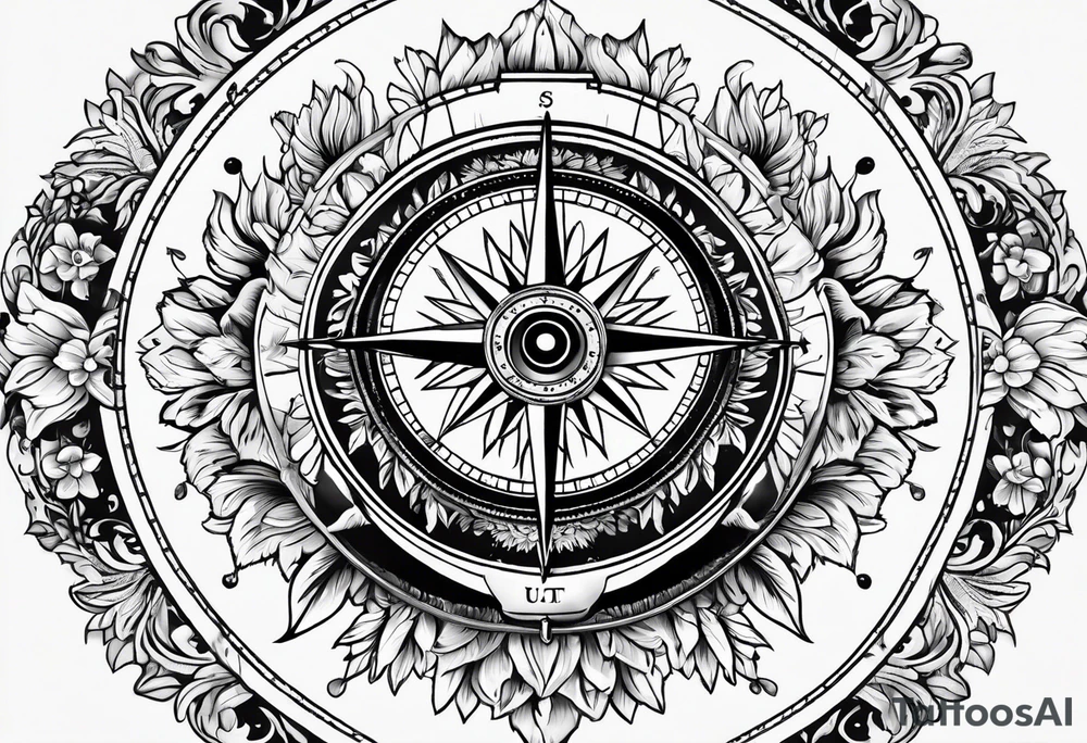 Vintage compass with marigold flower. tattoo idea