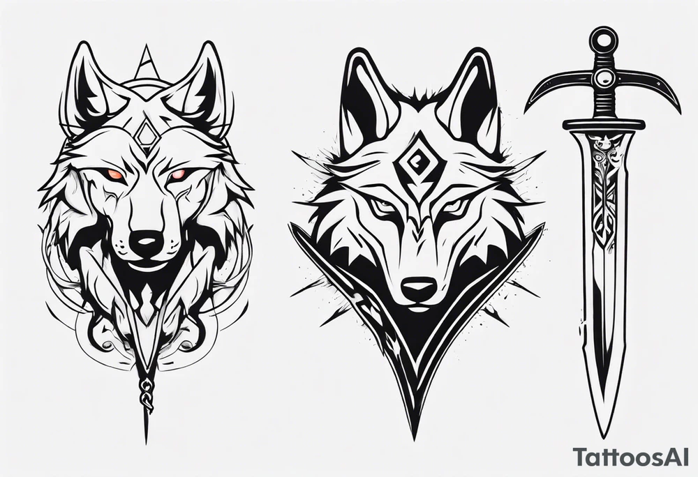 wolf head with sword in background tattoo idea