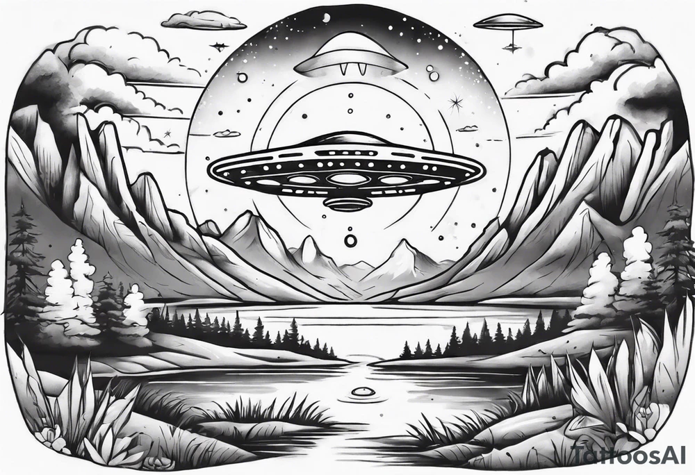 UFO hidden in beautiful landscape tattoo idea