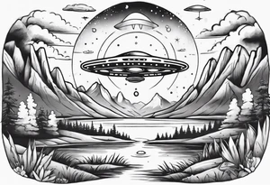 UFO hidden in beautiful landscape tattoo idea