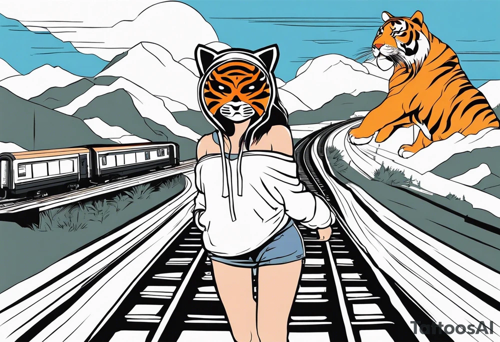 Bells cracming train track in the middle with a girl wearing tiger mask tattoo idea