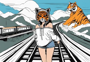 Bells cracming train track in the middle with a girl wearing tiger mask tattoo idea