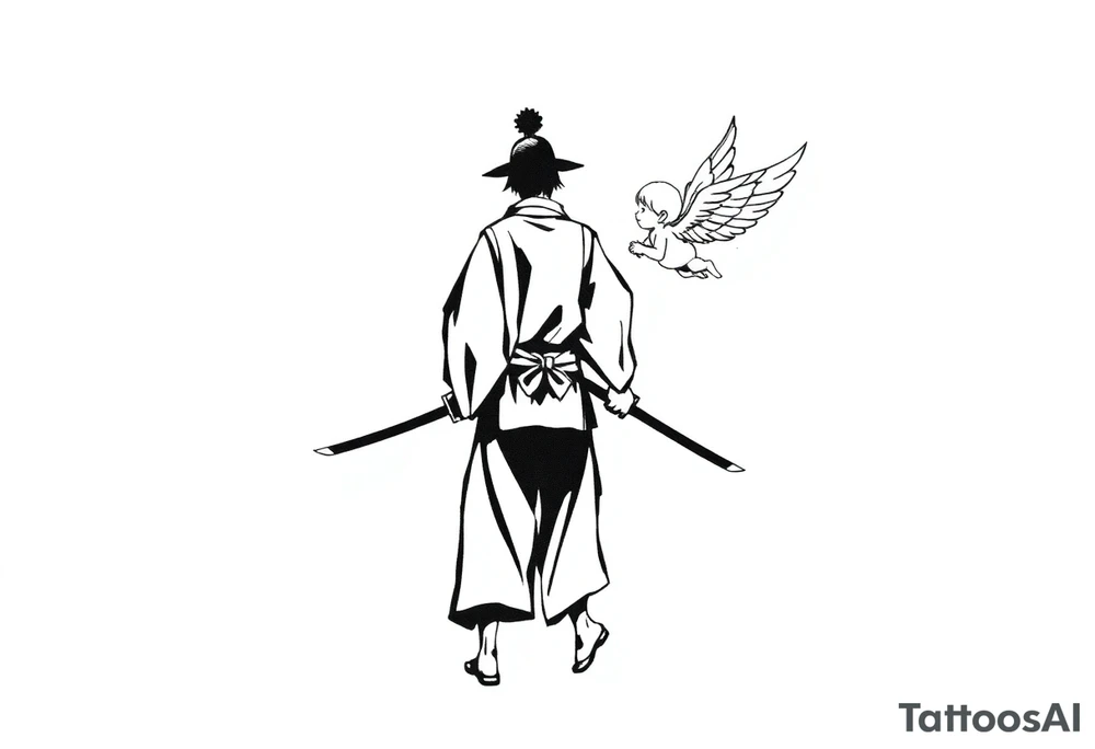 "Blackwork tattoo sketch of a lone samurai walking forward, shown in dramatic silhouette style. The samurai wears traditional kimono and hakama, holding a katana in one hand with the blade pointing downward. Behind him floats a small child angel with detailed feathered wings, gently touching the samurai’s back with one hand, as if stopping or guiding him. Strong contrast, dynamic ink splatter, rough brush strokes, Japanese sumi-e vibe, emotional and symbolic composition, high detail linework, no background." tattoo idea