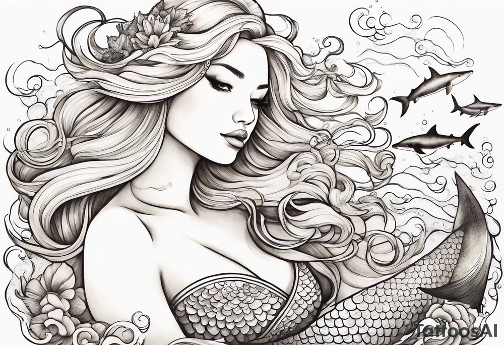 Blond mermaid swimming with sharks and whales tattoo idea