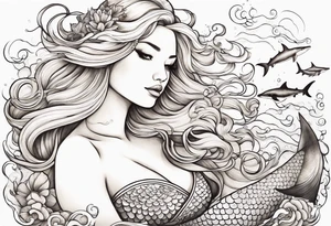 Blond mermaid swimming with sharks and whales tattoo idea